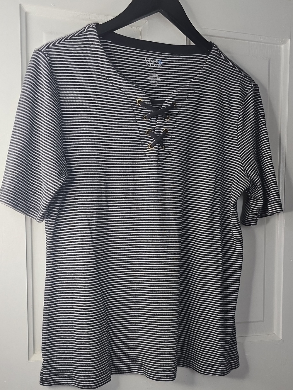 croft & barrow Black & White Striped Lace-Up Short Sleeve Top